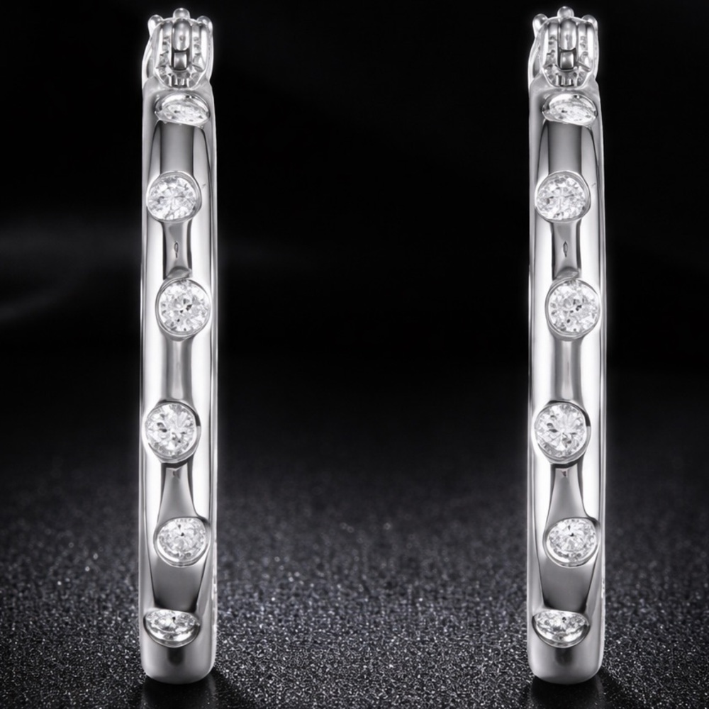 1.2” long Bezel Set Cz Inside Outside Hoop dangle, drop ladies Earrings Silver